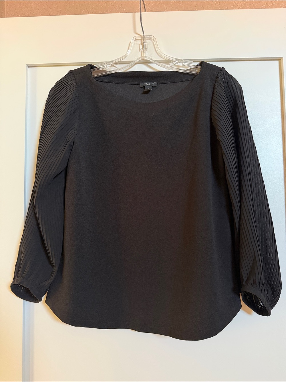 Ann Taylor Black Blouse with Pleated Long Sleeves